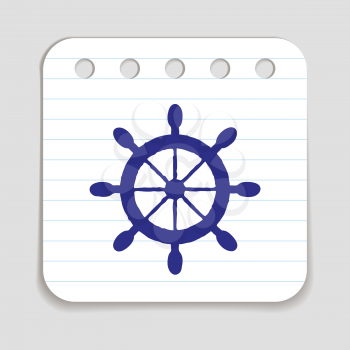 Doodle ship wheel icon. Blue pen hand drawn infographic symbol on notepaper piece. Line art style graphic design element. Web button with shadow. Nautical steering vessel concept. Vector illustration