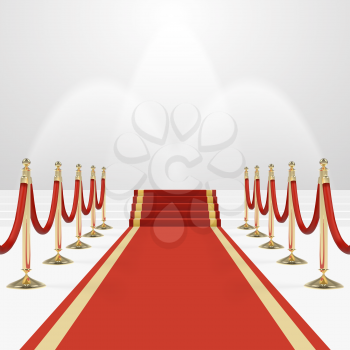 Red carpet on stairs. Empty white illuminated podium. Blank template illustration with space for an object, person, , text. Presentation, gala, ceremony, awards concept.