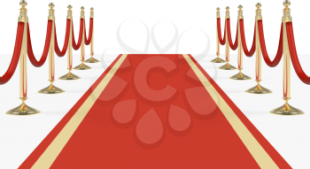 Red carpet with red ropes on golden stanchions. Exclusive event, movie premiere, gala, ceremony, awards concept. Blank template illustration with space for an object, person, , text.