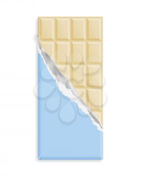 White chocolate bar in blue wrapper mock up. Sweet dessert in blank package with place for text, symbol. Graphic design element for packaging, poster, flyer, dessert advertisement. Vector illustration