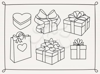 Doodle set of gift boxes with bows, heart shaped box and a gift bag. Hand drawn presents collection. Graphic design elements for advertisement, flyer, poster, web shop sale. Vector illustration