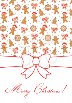 Merry Christmas greeting card. Decorative invitation template. Gingerbread man, Christmas Tree, snow flake, sugar cane, lettering. Holiday themed graphic design for poster, flyer. Vector illustration