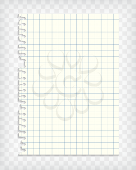 Empty checkered note book page with torn edge. Notepaper mockup. Graphic design element for text, advertisement, math, doodle, sketch, scrapbooking. Checkers paper piece. Realistic vector illustration