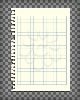 Empty checkered note book page with torn edge. Notepaper mockup. Graphic design element for text, advertisement, math, doodle, sketch, scrapbooking. Checkers paper piece. Realistic vector illustration