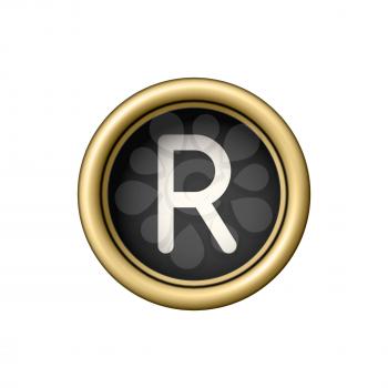 Letter R. Vintage golden typewriter button isolated on white background. Graphic design element for scrapbooking, sticker, web site, symbol, icon. Vector illustration.