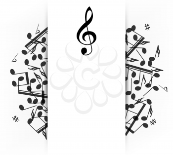 Music banner with shadow. Musical background with clef. Place for your text. Graphic design element for  web, flyers, prints. Abstract vector illustration.