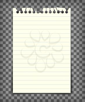 Empty lined note book page with torn edge. Paper piece with lines. Notepaper mockup. Graphic design element for text, advertisement, doodle, sketch, scrapbooking. Realistic vector illustration