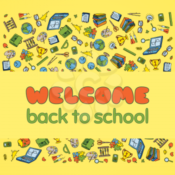 Doodle Welcome Back to School poster. Hand drawn stationary graphic design elements for school invitation template, sale flyer, greeting card. Education supplies sale concept idea. Vector illustration
