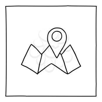 Doodle map and pointer icon. Black and white symbol with frame. Line art style graphic design element. Web button. Isolated on white background. Travel app, find location concept. Vector illustration