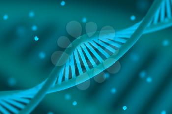 DNA chain macroshot. Highly detailed render. Blue color. Scientific background or medical backdrop. Great for poster, book cover, flyer or folder. Shallow DOF. 3D illustration