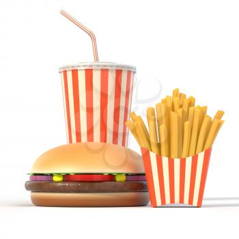 Fast food set on yellow background with shadow. Hamburger, french fries and cola in generic package with stripes. Graphic design element for restaurant advertisement, menu or poster. 3D illustration