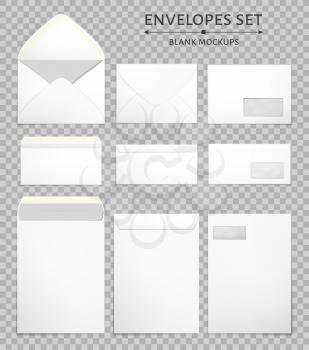 Blank envelopes in various sizes set in 3 views, back and front closed and open. Photo-realistic vector illustration.