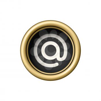 Commercial At Symbol. Vintage golden typewriter button isolated on white background. Vector illustration.