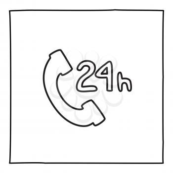 Doodle 24 hours service telephone call icon or logo, hand drawn with thin black line. Isolated on white background. Vector illustration
