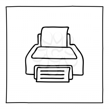 Doodle printer icon or logo, hand drawn with thin black line. Isolated on white background. Vector illustration