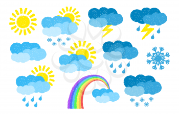 Set of hand drawn weather icons, painted with oil pastel crayons. vector illustration isolated on white background