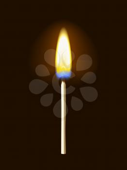 Realistic burning matchstick flame with transparency, isolated on black background. Vector illustration
