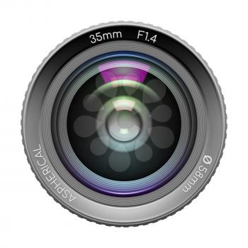 Highly detailed video or photo camera lens 35mm F1,4 close up image, isolated on white background. Vector illustration