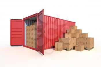 Ship cargo container side view, open doors, full with cardboard boxes. Pile of cardboard boxes on pallet. 3D illustration