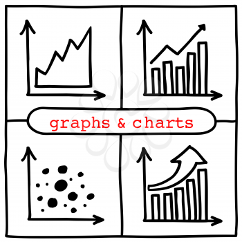 Doodle graph icons set. Four different charts. Hand drawn infographic symbols. Line art style graphic design elements.