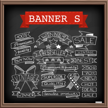 Handdrawn banner and tag icons with captions and stars, chalkboard effect.. Vector illustration.
