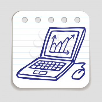 Doodle Laptop icon with chart. Blue pen hand drawn infographic symbol on a notepaper piece. Line art style graphic design element. Web button with shadow. Technology, computer, web application concept