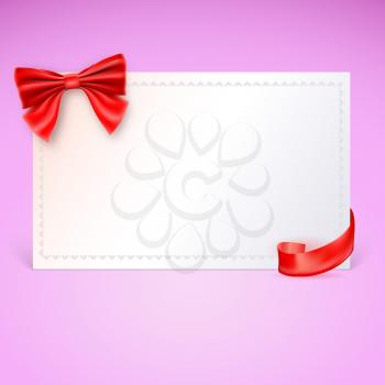 Nice gift card with red ribbon and bow. Vector illustration