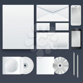 Corporate identity templates  blank, business cards, disk, envelope, smart phone, pen. Isolated with soft shadows