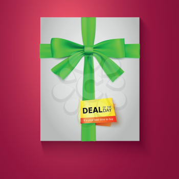 Gift box with green bow on red background. Deal of the day. Vector illustration eps 10.