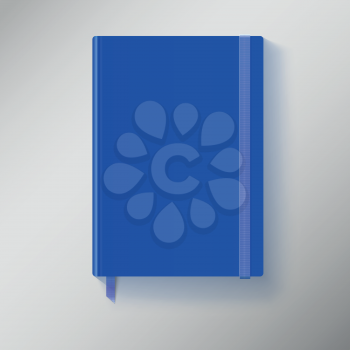 Blue copybook with elastic band and bookmark. Vector illustration.