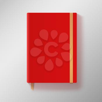 Red copybook with elastic band and gold bookmark. Vector illustration.