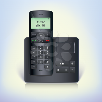 Wireless telephone phone with answering machine and base on a white background. Black radio-telephone.