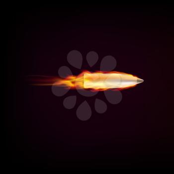 Flying bullet with red tongues of flame on a dark background