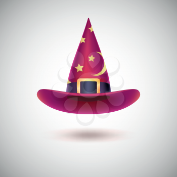 Red witch hat with black strip and stars for Halloween, isolated on white background.