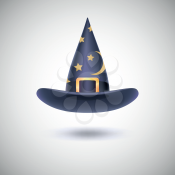 Black witch hat with black strip and stars for Halloween, isolated on white background.