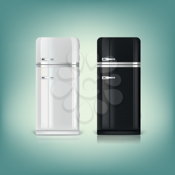 Collection of stylish retro refrigerators. Front view of a retro refrigerator.