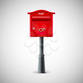Red mailbox hanging on the wall with the postal horn.