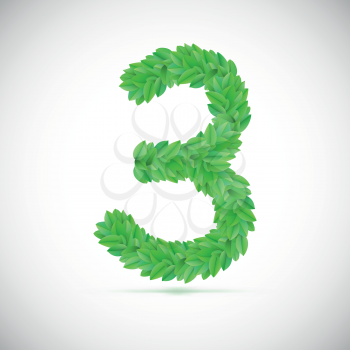 Number three, made up of green leaves, vector illustration