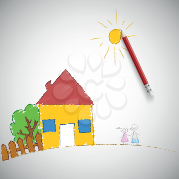 Children painting. Children's drawing a pencil, vector illustration.