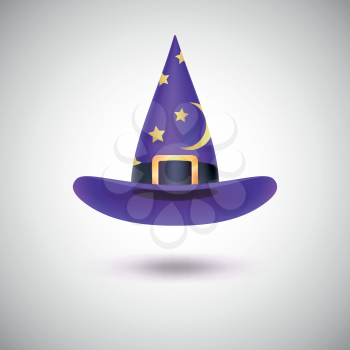 Purple witch hat with black strip and stars for Halloween, isolated on white background.