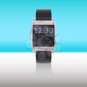 Electronic watch, computer interface. Smart watches with reflection on a colored background, isolated