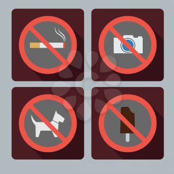 Set of prohibition signs. Do not smoke, do not take pictures No animal allowed, the food is prohibited