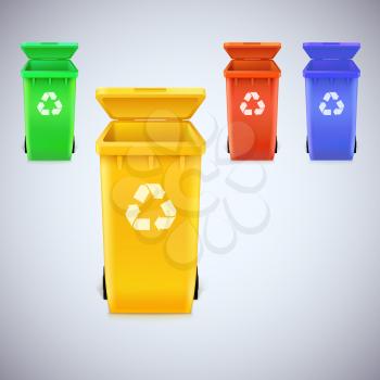 Colorful recycle bins with recycle sign. Ecological trash set, isolated