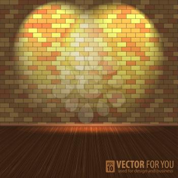 Brick wall with lighting and wooden floors, vector illustration