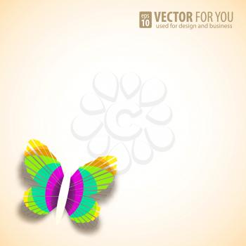 Greeting card with paper butterfly, colorful vector background