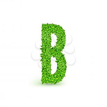 Green Leaves font. Capital letter B consisting of green leaves, vector illustration.