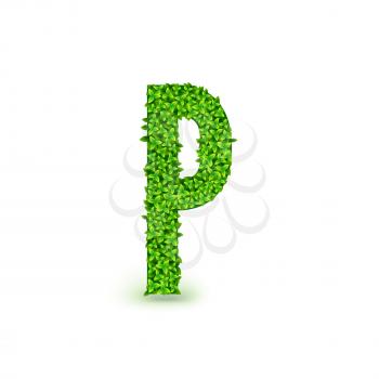 Green Leaves font. Capital letter P consisting of green leaves, vector illustration.