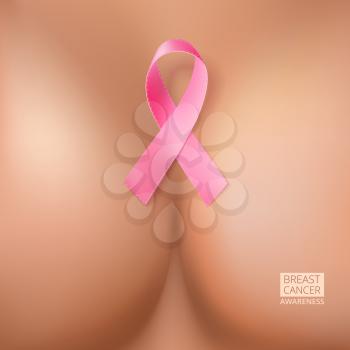 Abstract background Woman breast with a pink breast cancer awareness ribbon symbol. Vector illustration of the female breast closeup