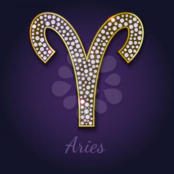 Golden Aries zodiac signs with diamonds, editable vector illustration