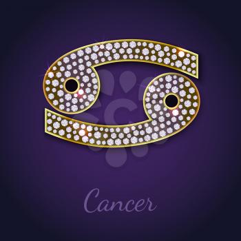 Golden Cancer zodiac signs with diamonds, editable vector illustration